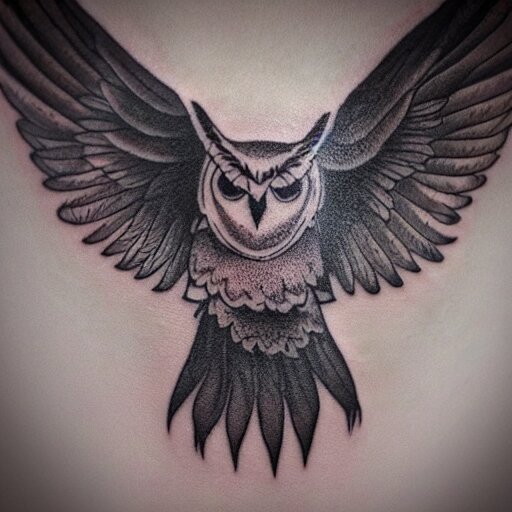 tattoo of owl flying at night through fog in the forest lit by the full moon 