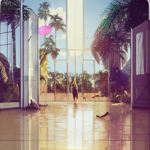 indoor liminal space, golden light, greg rutkowski, palm trees, pink door, minimalistic, hyperrealistic surrealism, award winning masterpiece with incredible details, epic stunning, infinity pool mirrors, a surreal vaporwave liminal space with mirrors, highly detailed, trending on artstation, artgerm and greg rutkowski and alphonse mucha, daily deviation 