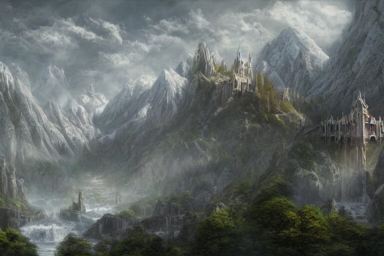 rivendell from lord of the rings matte painting by yanick dusseault and dylan cole, artstation, 4 k, insanely detailed, 