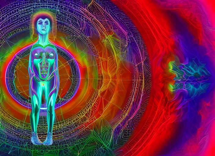 trasnformation into transcendence into collaborative intelligence, endless collaboration with ai, connectedness, body, by alex grey, album cover, award winning, beautiful, colorful, volumetric lighting, trending on artstation, cinematic 