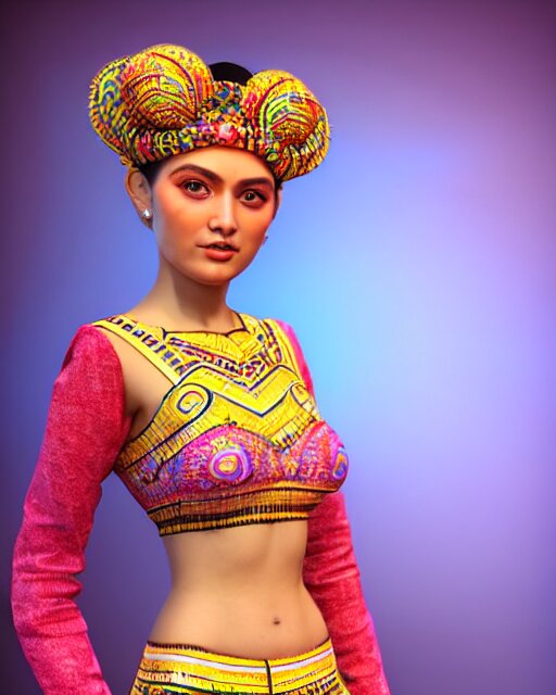 a beautiful cute girl wearing modern stylish costume in the style of Assamese bihu mekhela sador gamosa design, commercial fashion design art by Victor Nizovtsev and Josephine Wall, face by artgerm and daz3d genesis iray, cinematic lighting, medium shot, mid-shot, slim female figure ramp walk model pose, highly detailed, trending on Artstation, Unreal Engine 4k, cinema 4d ray traced 8k fabric texture details, octane render, diffused natural skin glow