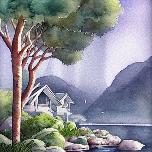 beautiful happy picturesque charming sci - fi organic homes in a beautiful natural scene. water, trees and rocks. beautiful light. grainy and rough. soft colour scheme. beautiful artistic detailed watercolor by lurid. ( 2 0 2 2 ) 