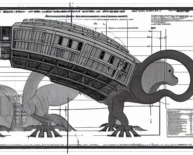 a full page of a mechanical blueprint showing a cutaway design for a mechanized brontosaurus from howl's moving castle ( 2 0 0 4 ), with people inside piloting it, muted colors, post grunge, studio ghibli, hq, 