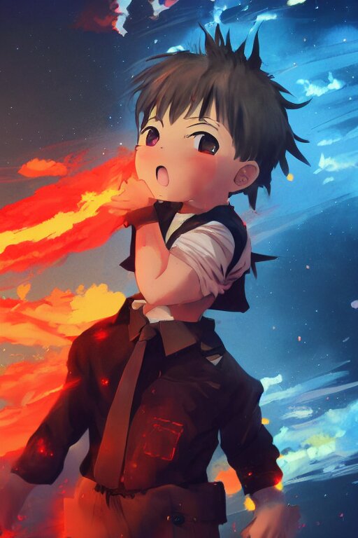 Lexica Anime young boy wearing suspenders pointing at the sky with