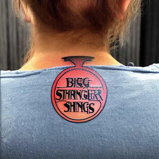 big stranger things logo tattoo ed on the back of a beautiful woman lying on a wood parket 