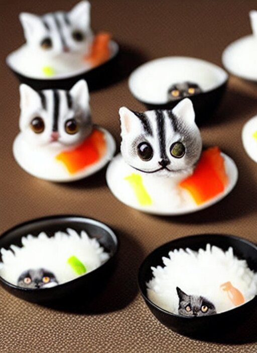 clear surrealist painting of tiny adorable cats made from sushi rice, sitting on sushi plates with sushi, garnish, wasabi and soy sauce 