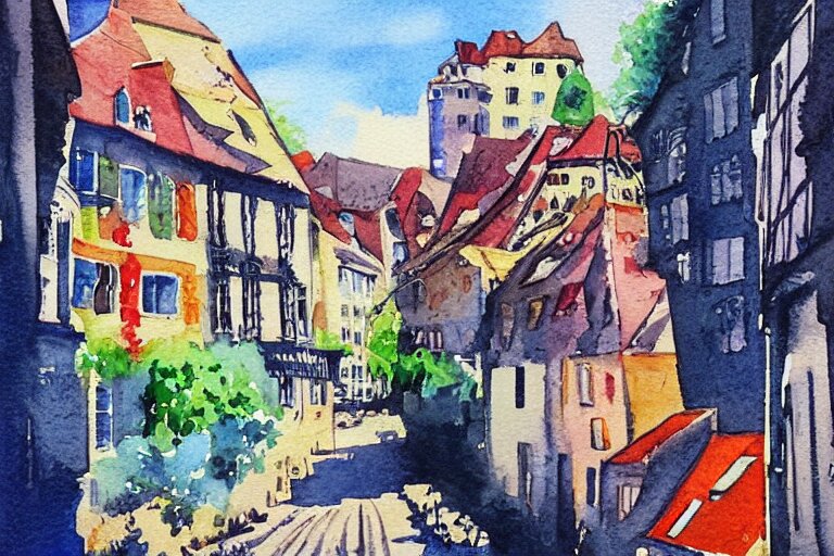 !! watercolor!! luxemburg in a sunny day, artwork by tooth wu, colorful contrast,!!!! very coherent!!!!, dark shadow, thick lineart 