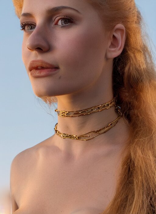 vintage photograph of an olive skinned female model with strawberryblonde hair in her twenties, her hair pinned up, wearing a designer top and one thin gold necklace, looking content, focused on her neck, photo realistic, extreme detail skin, natural beauty, no filter, slr, golden hour, 4 k, high definition, selfie 