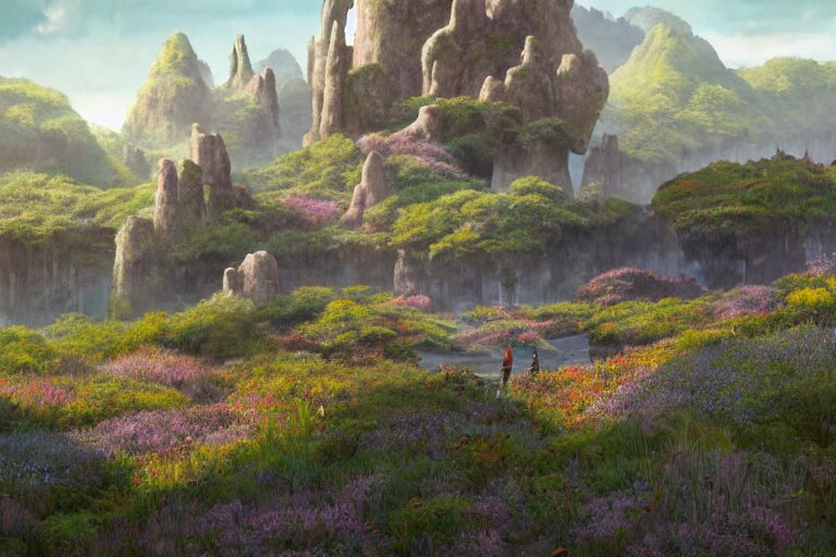 Brutalist Shiro, fantasy landscape, Eden at Dawn, gleaming morning cinematic lighting, amazing cinematic concept painting,  by Jessica Rossier,  Himeji Rivendell  Garden of Eden valley, wildflowers and grasses, terraced orchards and ponds, lush fertile fecund, fruit trees, birds in flight, animals wildlife, beksinski