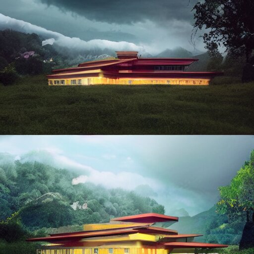 modernist house inspired by a tibetan palace, on a green hill between big trees, colorful clouds, dramatic lighting, artstation, matte painting, raphael lacoste, simon stalenhag, frank lloyd wright, zaha hadid 