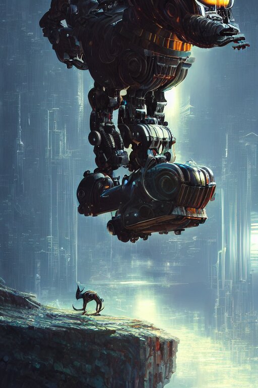 sentient being animal - robot, inspired by mario feng, intricate, elegant, volumetric lighting, scenery, digital painting, highly detailed, artstation, sharp focus, illustration, concept art, luis rollo, john berkey, 8 k, ultra hd 