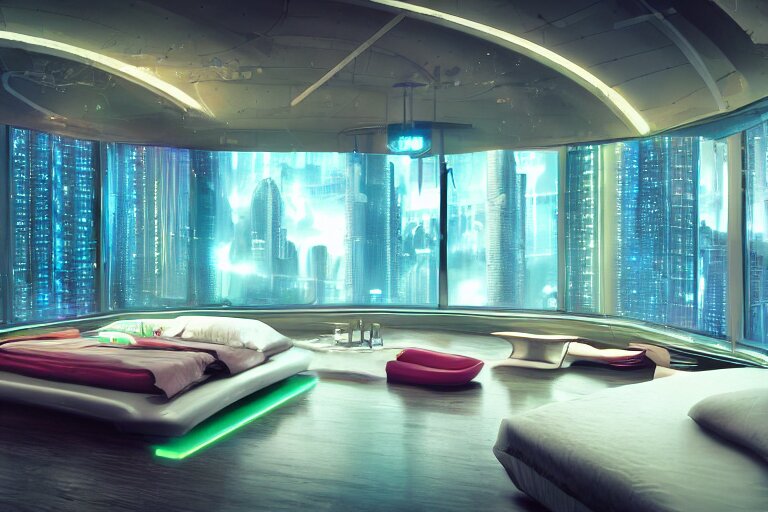 a futuristic bedroom with large curved ceiling high windows looking out to a far future cyberpunk cityscape, cyberpunk neon lights, raining, scifi