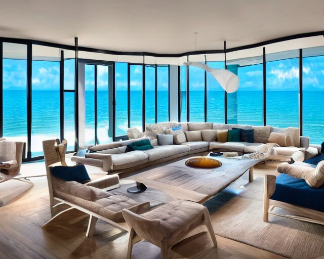 A modern living room inspired by the ocean, a luxurious wooden coffee table with large seashells on top in the center, amazing detail, 8k resolution, calm, relaxed style, harmony, wide angle shot