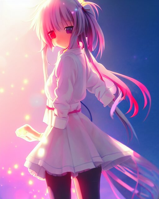 anime style, vivid, expressive, full body, 4 k, painting, a cute magical girl with a long wavy hair wearing a nurse outfit, correct proportions, realistic light and shadow effects, neon lights, centered, simple background, studio ghibly makoto shinkai yuji yamaguchi 