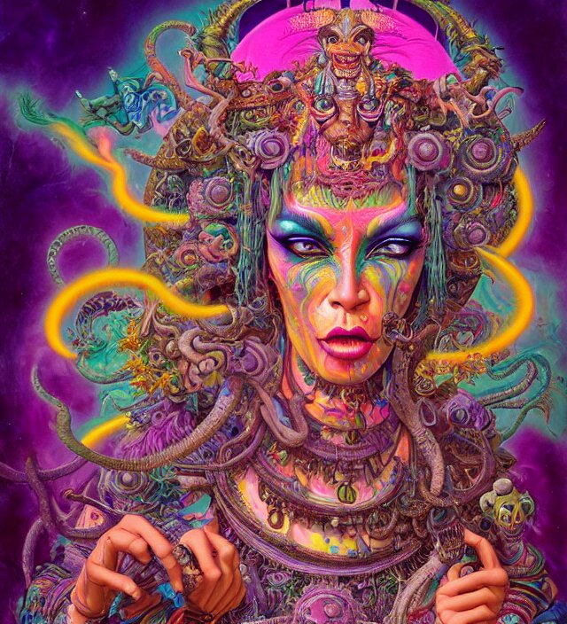 lisa frank blotter acid fantasy character portrait of kali ma, ultra realistic, wide angle, intricate details, dharma artifacts, aum, highly detailed by hr giger, peter mohrbacher, wayne barlowe, boris vallejo, hajime sorayama aaron horkey, gaston bussiere, craig mullins 