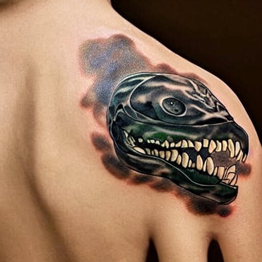 dark tattoo, snake wrapping its body around skull, toxic acid green dark colors