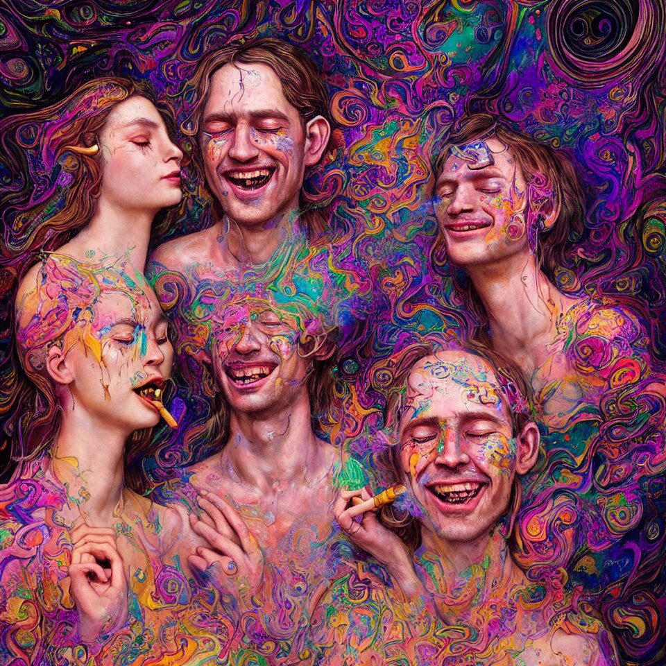 happy psychedelic portrait of friends smoking dmt and becoming gods, smiling and crying, old and young, diffuse lighting, fantasy, intricate, elegant, highly detailed, lifelike, photorealistic, digital painting, artstation, concept art, smooth, sharp focus, art by john collier and albert aublet and jenny saville and artem demura and francis bacon 