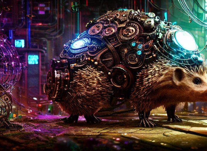  giant intricate mechanical hedgehog with cybernetic enhancements and visible gears and fiber optics, on the background of a weird magical mechanical forest. Very detailed 8k. Fantasy cyberpunk horror. Sharp. Cinematic post-processing. Unreal engine. Nanite. Ray tracing. Parallax. Tessellation