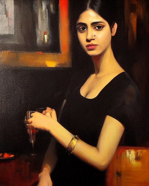 beautiful portrait painting an gorgeous delhi girl wearing a little black dress at a bar, oil painting, art by ruan jia 