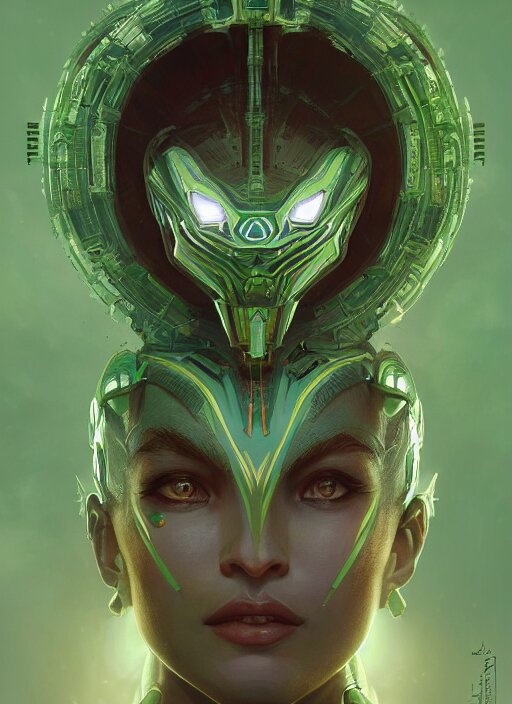 symmetry!! portrait of green alien in the style of horizon zero dawn, machine face, intricate, elegant, highly detailed, digital painting, artstation, concept art, smooth, sharp focus, illustration, art by artgerm and greg rutkowski and alphonse mucha, 8 k 