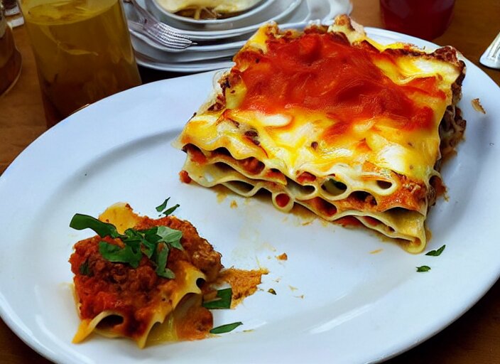 a mouth - watering image of a lasagne, with layers of pasta, vegetables, and a cheesy sauce. the lasagne is served with a side salad and a glass of red wine. the lasagne is served on a white plate with a green salad on the side. the tablecloth is red and there is a glass of red wine next to the plate. the lasagne is made with layers of pasta, vegetables, and a cheesy sauce. the top layer of pasta is golden brown and crispy. the lighting is soft and warm, making the lasagne look even more inviting 