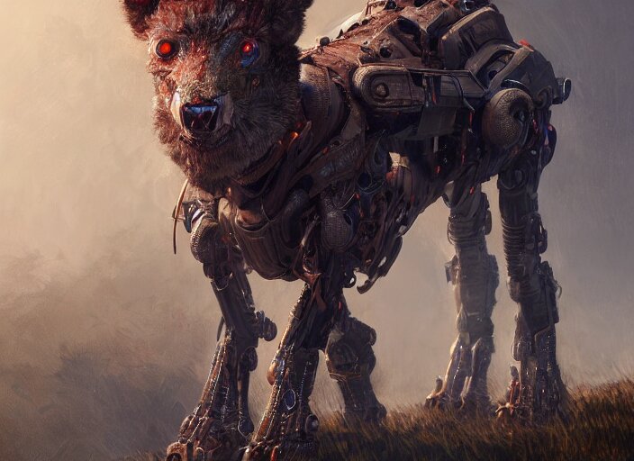 detailed full body concept art illustration oil painting of a robotic animal with intricate fur and armor, ultra detailed, digital art, octane render, dystopian, zero dawn, 4k