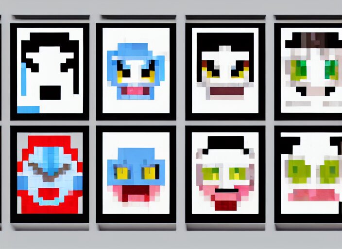 a 3 - by - 3 grid of 9 framed closeup face portraits of cute evil robots, in the style of mega man. 