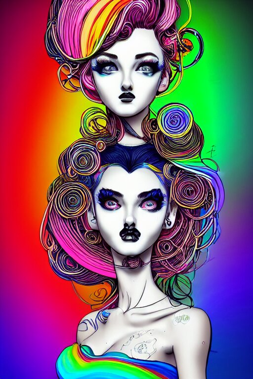 a award winning portrait of a beautiful woman with stunning eyes in a one off shoulder croptop and cargo pants with rainbow colored hair, outlined by whirling illuminated neon lines and fine lines swirling in circles by joe fenton, digital art, trending on artstation 