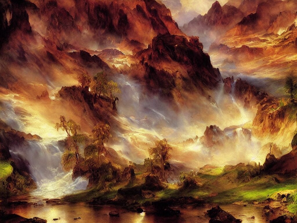 a beautiful landscape painting by thomas moran, trending on arstation 