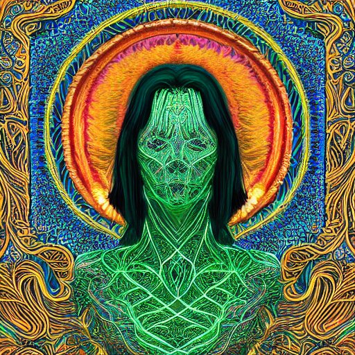 a majestic portrait of a woman with a vascular structure as the amazon aws logo, digital painting, high detail, 8 k, intricate ornamental details, vibrant iridescent colors, green magenta and gold 