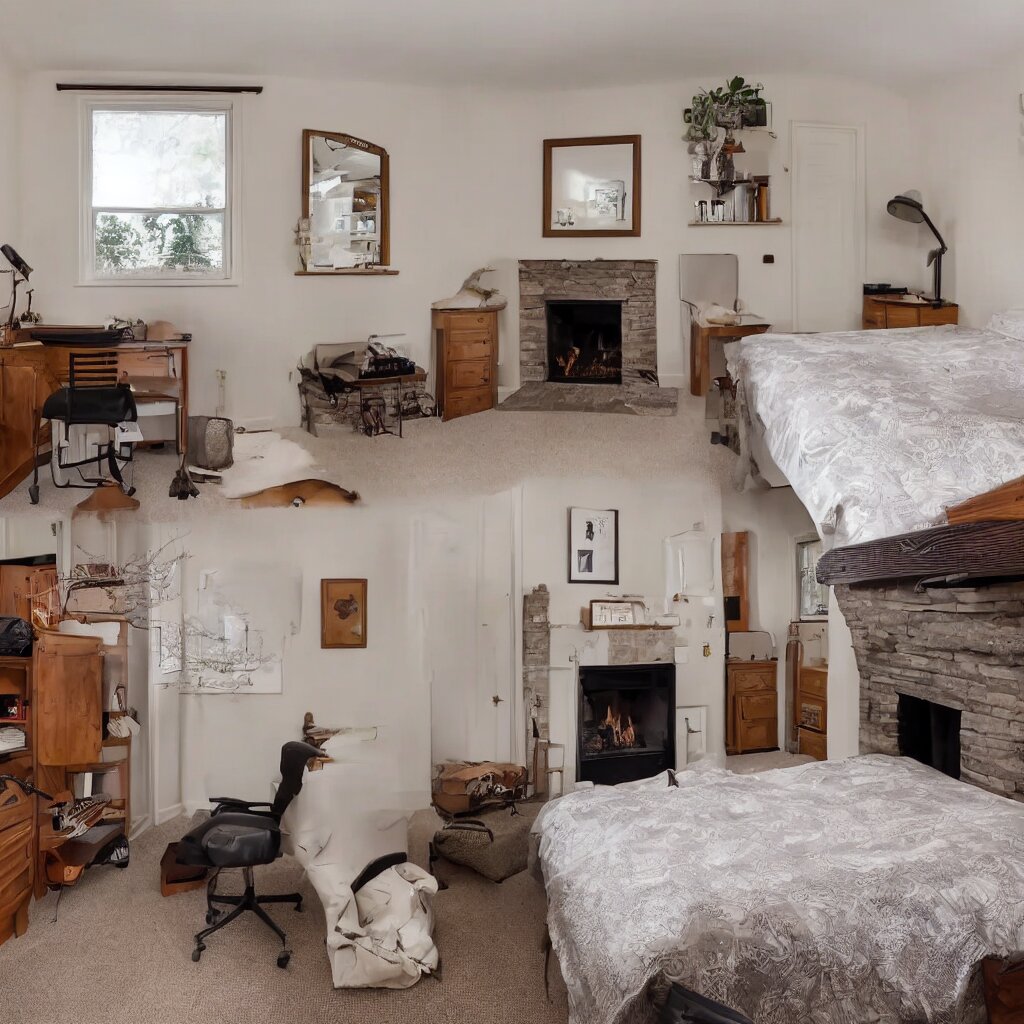 simple bedroom, fireplace in corner, timber desk with a pc atop of it to the right of the fireplace, queen size bed to the left of the fireplace. to the right of the desk, there is a shoe rack with shoes on it, photo, realistic, real estate 