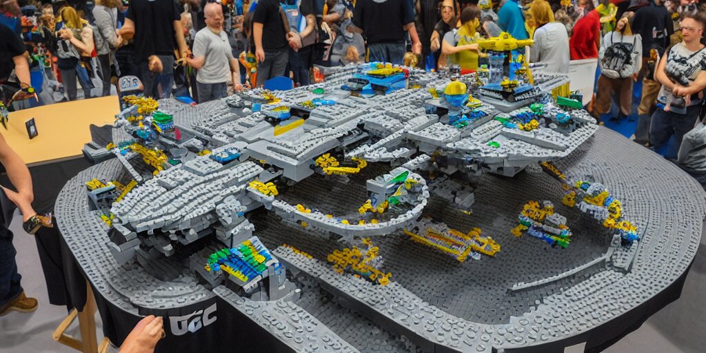 wide shot lens photo of a very intricately detailed and epically shaped 1. 2 5 m long alien lego mothership ufo kit designed by a master builder as displayed at a lego convention. 