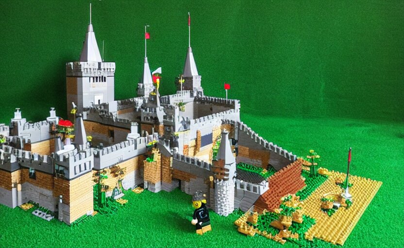 a realistic detailed accurate Lego set of a medieval French castle on a forested green hill