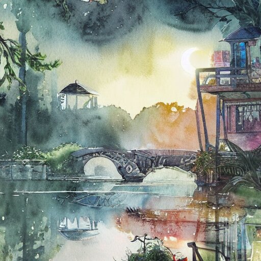 Beautiful happy picturesque charming sci-fi town in harmony with nature. Beautiful light. Water and plants. Nice colour scheme, soft warm colour. Beautiful detailed watercolor by Lurid. (2022)