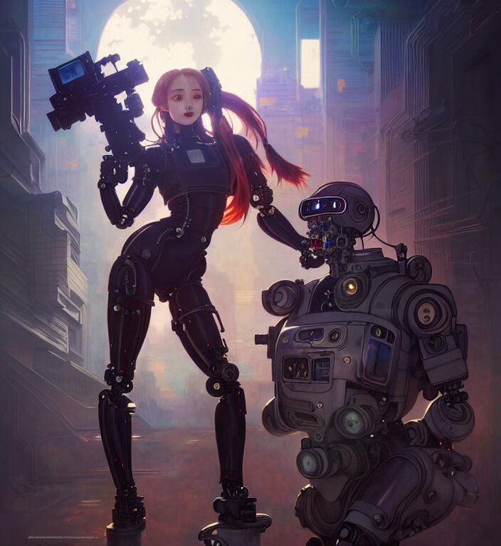 full body painting of chuu loona cyberpunk mercenary smiling and fighting a robot, ultra realistic, concept art, intricate details, eerie, highly detailed, photorealistic, octane render, 8 k, unreal engine. art by artgerm and greg rutkowski and magali villeneuve and alphonse mucha 