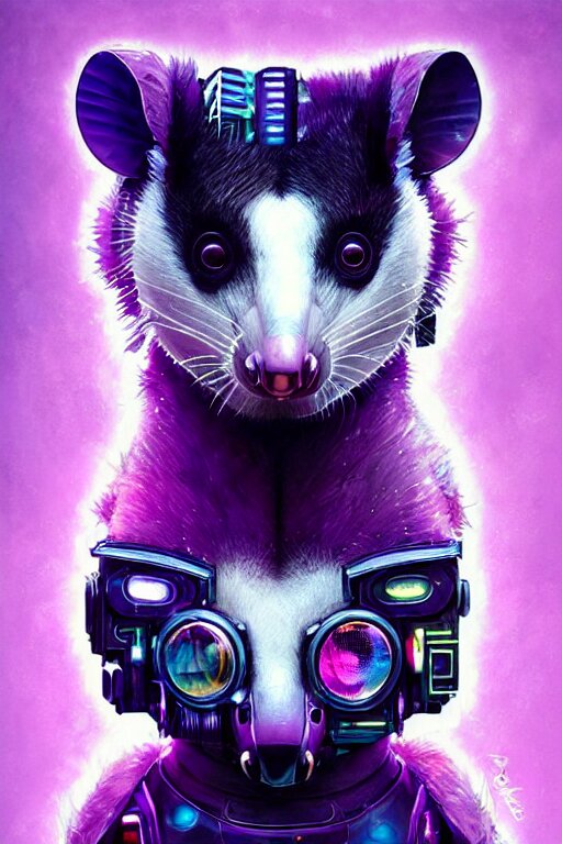 a beautiful portrait of a cute cyberpunk opossum aaaaaaaaaa by sandra chevrier and greg rutkowski and wlop, purple blue color scheme, high key lighting, volumetric light, digital art, highly detailed, fine detail, intricate, ornate, complex, octane render, unreal engine, photorealistic 