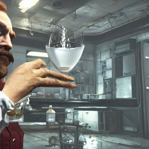 mr. house on the screen holds a faceted glass of milk in one of the manipulators, realism, reflections, metal body, in the kitchen, in the style of fallout 4, 