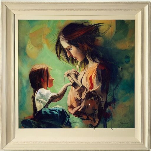 by john larriva, by aaron horkey emotive. a beautiful painting harmony of colors, simple but powerful composition. a scene of peaceful domesticity, with a mother & child in the center, surrounded by a few simple objects. colors are muted & calming, serenity & calm. 