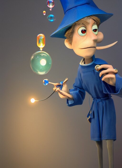 an anthropomorphic beautiful male wizard blowing giant bubbles wearing blue robe, fine art, award winning, intricate, elegant, sharp focus, octane render, hyperrealistic, wizard hat cinematic lighting, highly detailed, digital painting, 8 k concept art, art by jamie hewlett and z. w. gu, masterpiece, trending on artstation, 8 k 