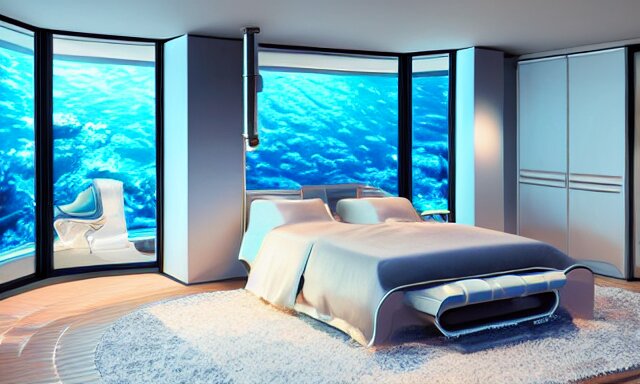 a futuristic bedroom deep under the sea, photorealistic magazine picture, studio lighting, cozy, extremely detailed and realistic 