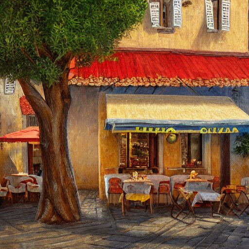 a traditional pizzeria in the street of a small village on the riviera. a terrace in the shade of a hundred - year - old olive tree, a friendly atmosphere around pizzas and rose wine. dolce vita. unreal engine rendering, hyper realist, ultra detailed, oil painting, warm colors, happy, impressionism, da vinci, 4 k, 