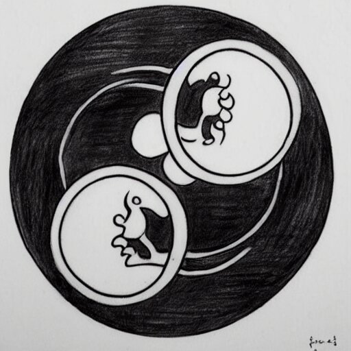 two cats holding each other's tail, yin yang circle design, tattoo design, ink drawing, designed by Kamiel Proost