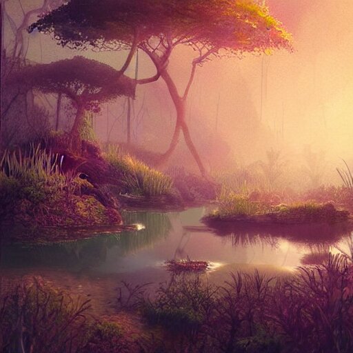 beautiful watercolor of a lush natural scene on a colourful alien planet by vincent bons. ultra sharp high quality digital render. detailed. beautiful landscape. weird vegetation. water. soft colour scheme. grainy. 