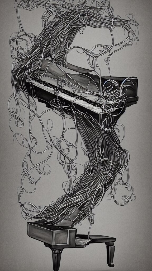 a grand piano with long thick vines wrapped around it, fantasy art, art station, grey background,