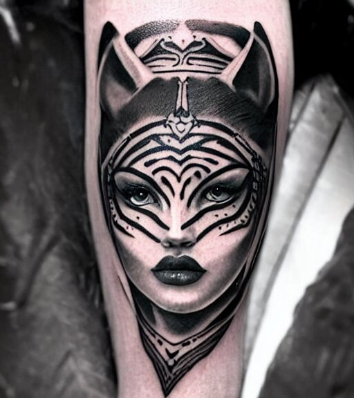 tattoo design of a beautiful girl warrior under a tiger head, hyper realistic, realism tattoo, by eliot kohek, beautiful eyes, realistic face, black and white, white background 