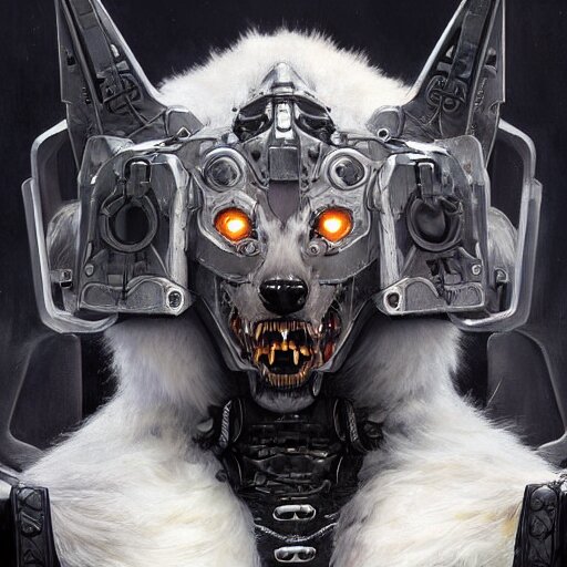 portrait painting of a cybernetic werewolf warrior with white fur and silver fangs wearing black power armor, ultra realistic, concept art, intricate details, eerie, highly detailed, photorealistic, octane render, 8 k, unreal engine. art by artgerm and greg rutkowski and alphonse mucha 