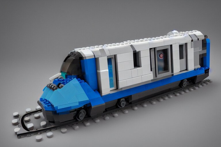 futuristic train made out of Lego, octane render, white, grey and blue, studio light, 35mm,