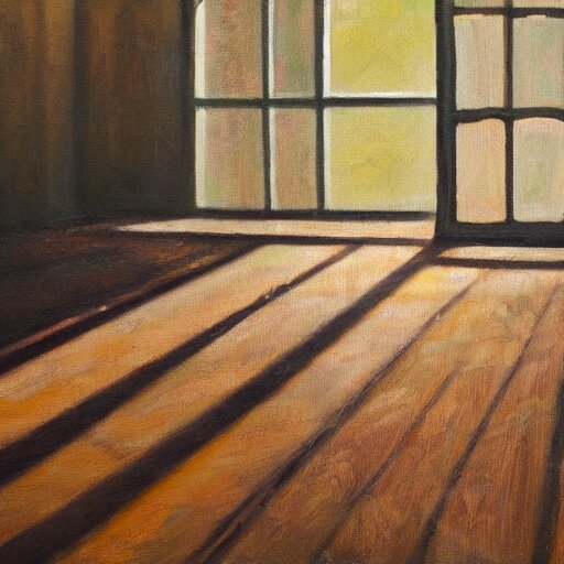 oil painting of mostly empty cottage interior, one small window with sunlight shining onto the floor. artistic. cozy. wooden floor. rustic. solace. 