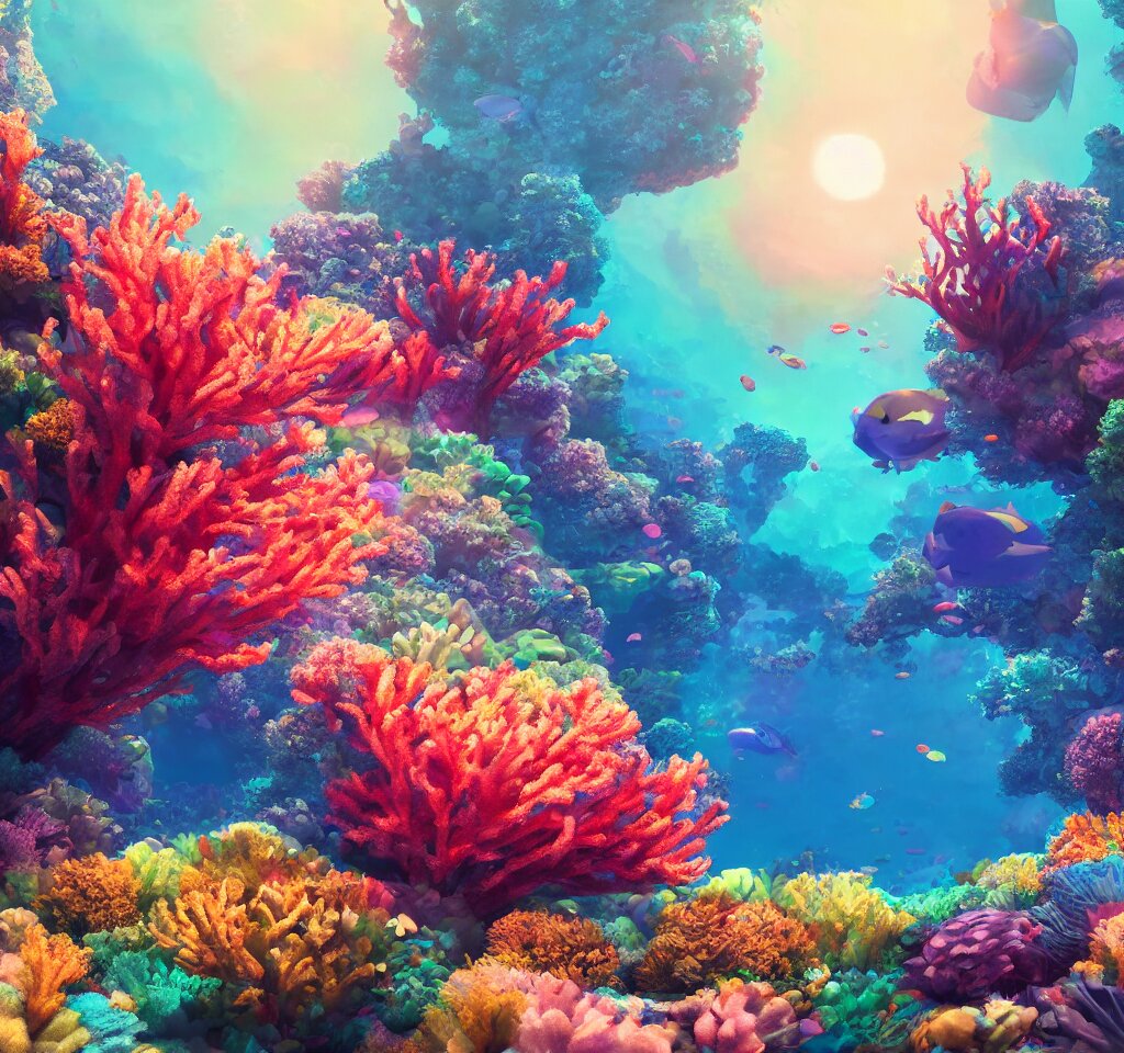 underwater neon coral reef landscape magical realism painting with sun rays coming from above, neon pastel colors, octane render, maya, cinema 4d