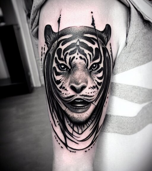 tattoo design of a beautiful girl warrior below a tiger head, hy... -  